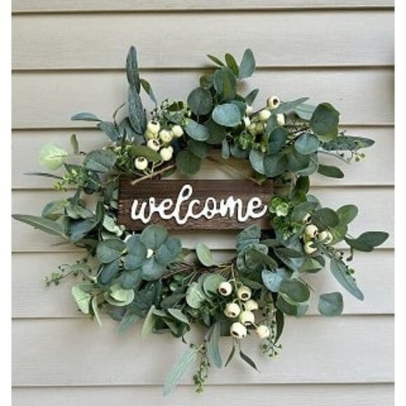 New Green Artificial Eucalyptus Wreath with Welcome Sign 20in Spring Summer - Picture 1 of 1